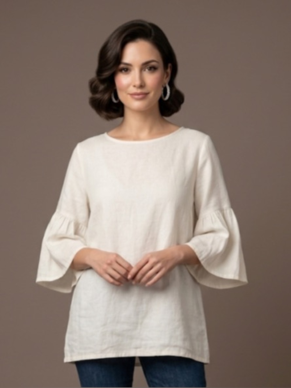 Cynthia Rowley linen blend blouse ruffle flounce bell half sleeve beige size 3X